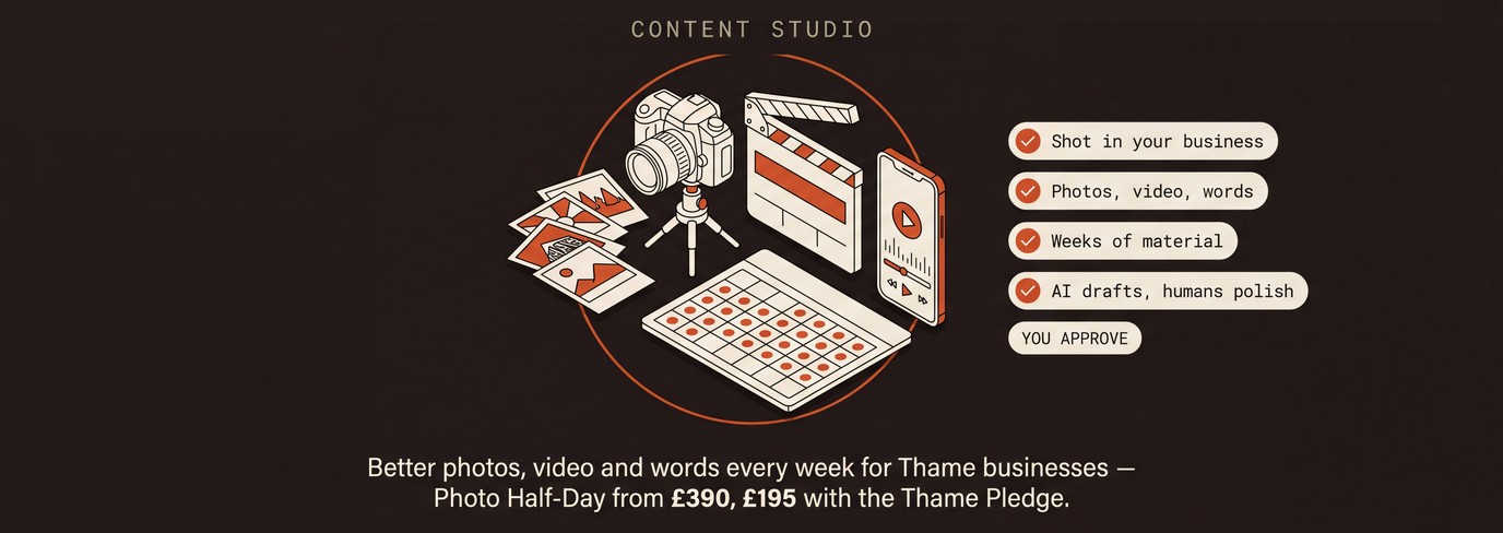 Content Studio: one morning of your time, a month of content. Shot in your business — photos, video, words — weeks of material; AI drafts, humans polish, you approve. Better photos, video and words every week for Thame businesses — Photo Half-Day from £390, £195 with the Thame Pledge
